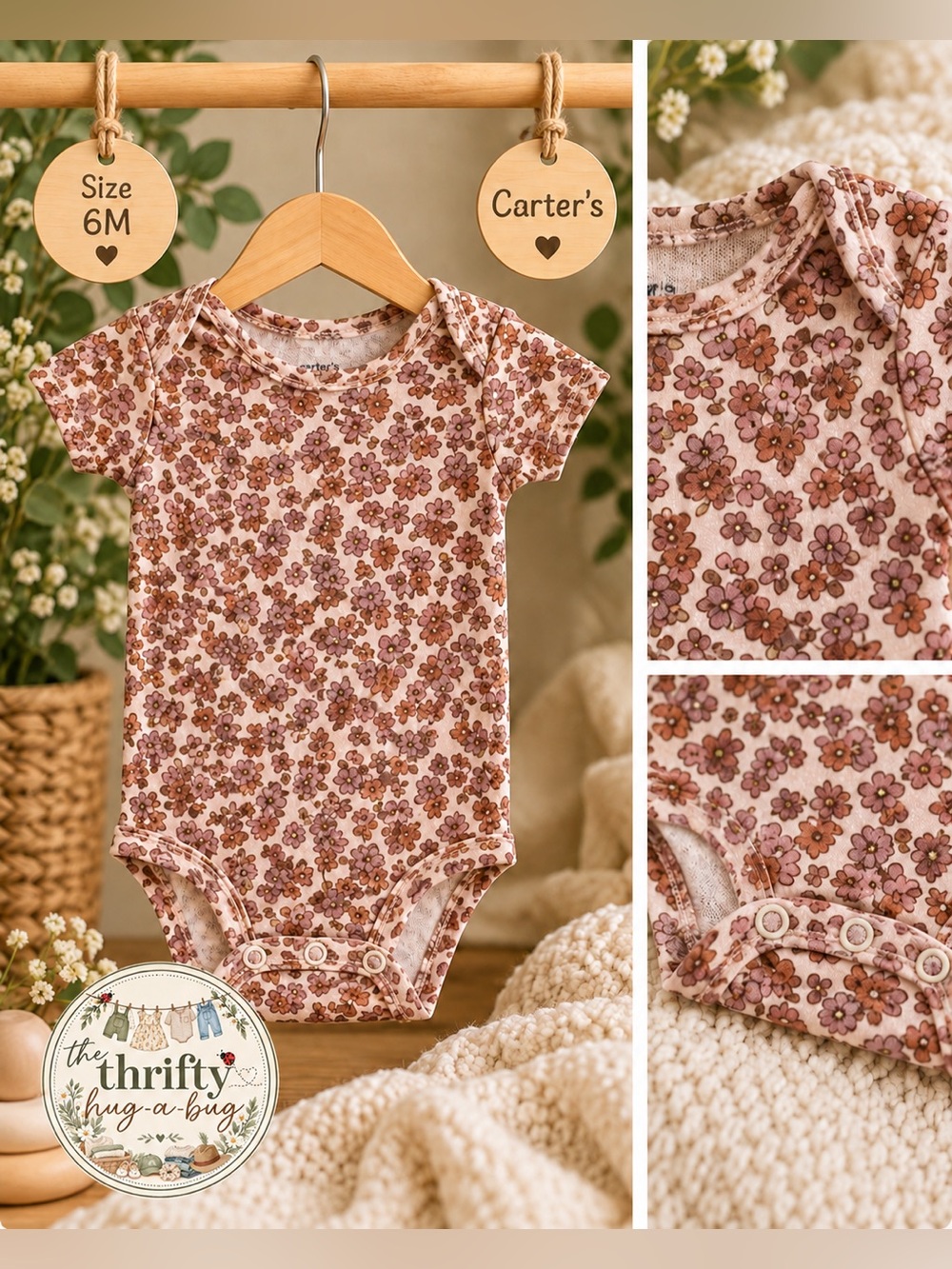 Carter’s Baby Girl 6M Vintage Floral Bodysuit Pink Brown Mauve